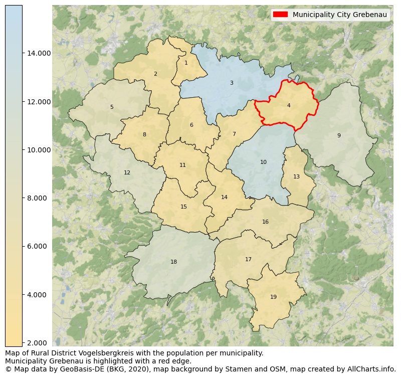 Map of Rural district Vogelsbergkreis with the population per municipality.Municipality Grebenau is highlighted with a red edge.. This page shows a lot of information about residents (such as the distribution by age groups, family composition, gender, native or German with an immigration background, ...), homes (numbers, types, price development, use, type of property, ...) and more (car ownership, energy consumption, ...) based on open data from the German Federal Agency for Cartography, the Federal Statistical Office (DESTATIS), the Regional Statistical Offices and various other sources!