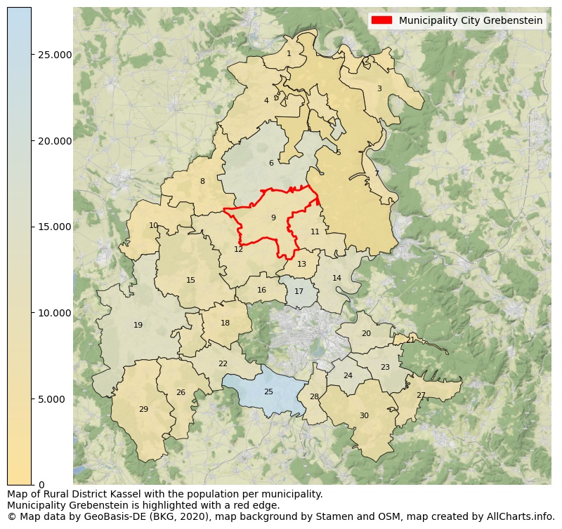 Map of Rural district Kassel with the population per municipality.Municipality Grebenstein is highlighted with a red edge.. This page shows a lot of information about residents (such as the distribution by age groups, family composition, gender, native or German with an immigration background, ...), homes (numbers, types, price development, use, type of property, ...) and more (car ownership, energy consumption, ...) based on open data from the German Federal Agency for Cartography, the Federal Statistical Office (DESTATIS), the Regional Statistical Offices and various other sources!