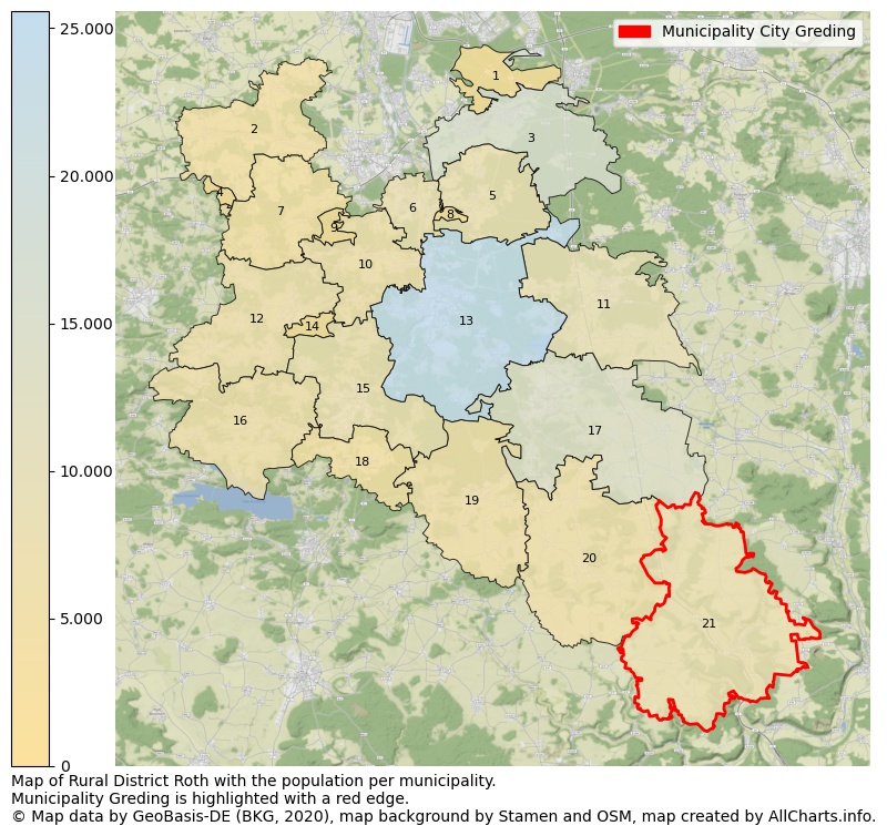 Map of Rural district Roth with the population per municipality.Municipality Greding is highlighted with a red edge.. This page shows a lot of information about residents (such as the distribution by age groups, family composition, gender, native or German with an immigration background, ...), homes (numbers, types, price development, use, type of property, ...) and more (car ownership, energy consumption, ...) based on open data from the German Federal Agency for Cartography, the Federal Statistical Office (DESTATIS), the Regional Statistical Offices and various other sources!