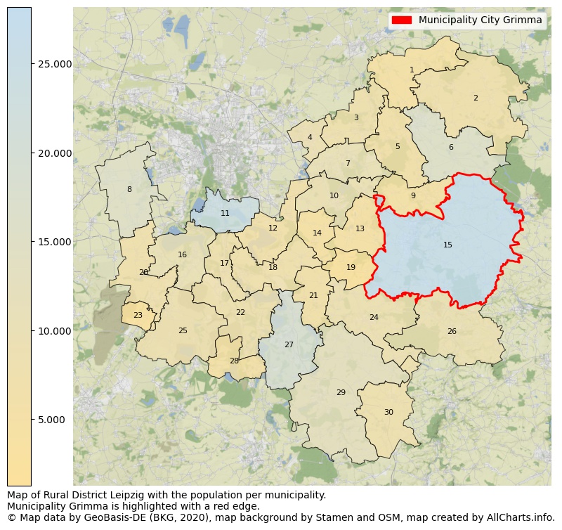 Map of Rural district Leipzig with the population per municipality.Municipality Grimma is highlighted with a red edge.. This page shows a lot of information about residents (such as the distribution by age groups, family composition, gender, native or German with an immigration background, ...), homes (numbers, types, price development, use, type of property, ...) and more (car ownership, energy consumption, ...) based on open data from the German Federal Agency for Cartography, the Federal Statistical Office (DESTATIS), the Regional Statistical Offices and various other sources!