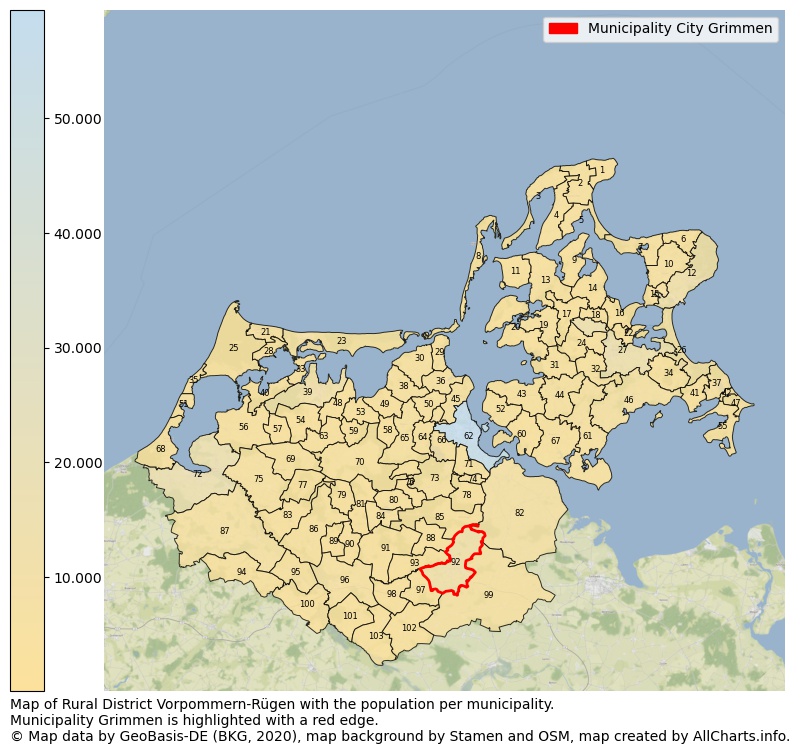 Map of Rural district Vorpommern-Rügen with the population per municipality.Municipality Grimmen is highlighted with a red edge.. This page shows a lot of information about residents (such as the distribution by age groups, family composition, gender, native or German with an immigration background, ...), homes (numbers, types, price development, use, type of property, ...) and more (car ownership, energy consumption, ...) based on open data from the German Federal Agency for Cartography, the Federal Statistical Office (DESTATIS), the Regional Statistical Offices and various other sources!