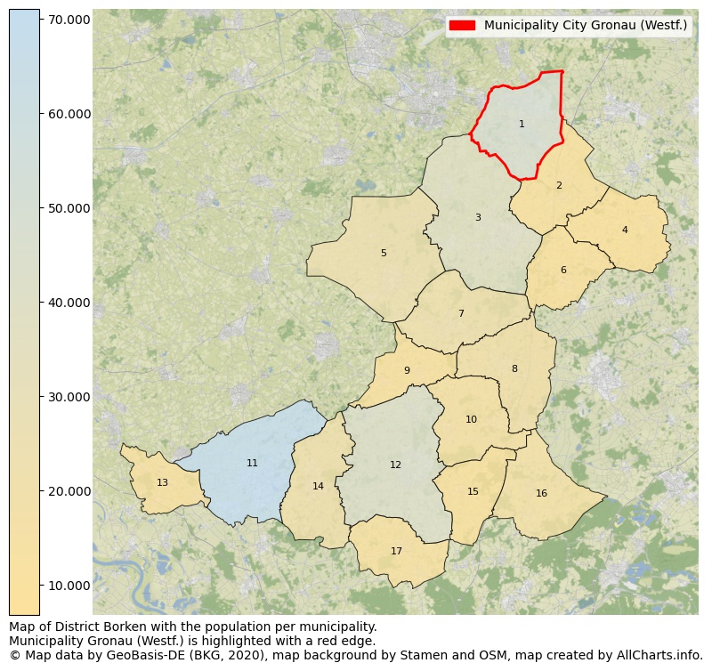 Map of District Borken with the population per municipality.Municipality Gronau (Westf.) is highlighted with a red edge.. This page shows a lot of information about residents (such as the distribution by age groups, family composition, gender, native or German with an immigration background, ...), homes (numbers, types, price development, use, type of property, ...) and more (car ownership, energy consumption, ...) based on open data from the German Federal Agency for Cartography, the Federal Statistical Office (DESTATIS), the Regional Statistical Offices and various other sources!