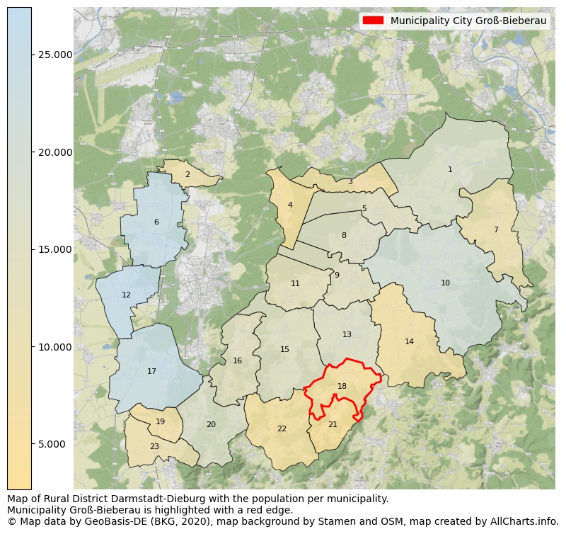 Map of Rural district Darmstadt-Dieburg with the population per municipality.Municipality Groß-Bieberau is highlighted with a red edge.. This page shows a lot of information about residents (such as the distribution by age groups, family composition, gender, native or German with an immigration background, ...), homes (numbers, types, price development, use, type of property, ...) and more (car ownership, energy consumption, ...) based on open data from the German Federal Agency for Cartography, the Federal Statistical Office (DESTATIS), the Regional Statistical Offices and various other sources!