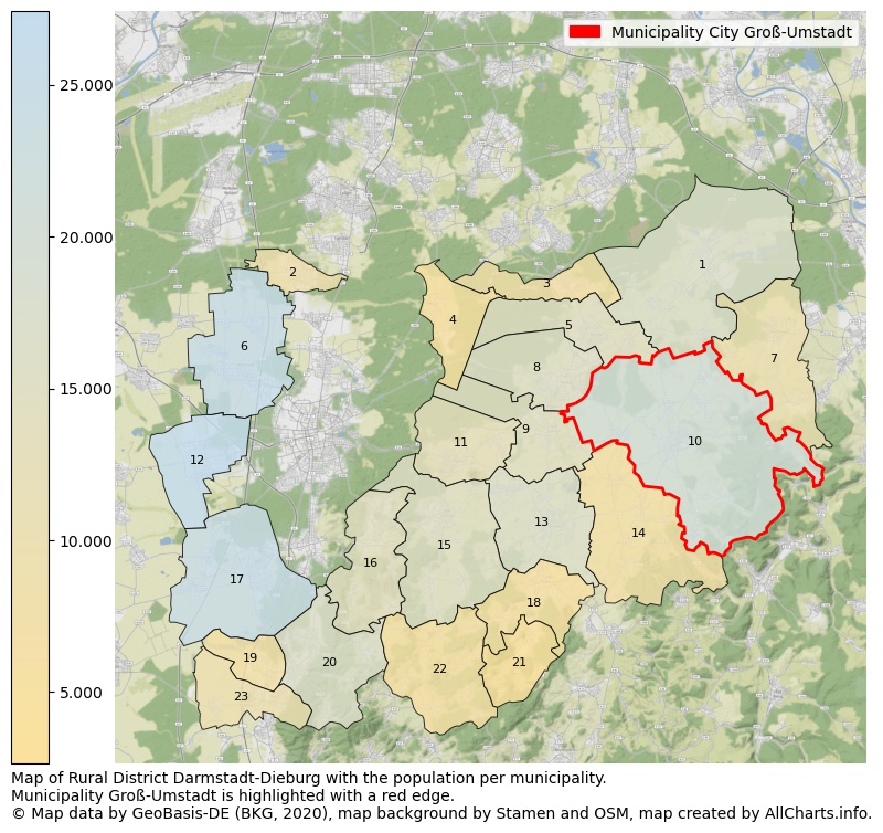 Map of Rural district Darmstadt-Dieburg with the population per municipality.Municipality Groß-Umstadt is highlighted with a red edge.. This page shows a lot of information about residents (such as the distribution by age groups, family composition, gender, native or German with an immigration background, ...), homes (numbers, types, price development, use, type of property, ...) and more (car ownership, energy consumption, ...) based on open data from the German Federal Agency for Cartography, the Federal Statistical Office (DESTATIS), the Regional Statistical Offices and various other sources!