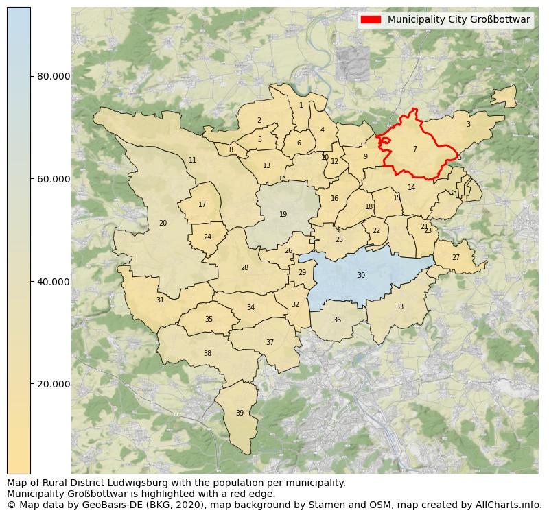 Map of Rural district Ludwigsburg with the population per municipality.Municipality Großbottwar is highlighted with a red edge.. This page shows a lot of information about residents (such as the distribution by age groups, family composition, gender, native or German with an immigration background, ...), homes (numbers, types, price development, use, type of property, ...) and more (car ownership, energy consumption, ...) based on open data from the German Federal Agency for Cartography, the Federal Statistical Office (DESTATIS), the Regional Statistical Offices and various other sources!