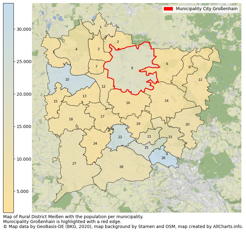 Map of Rural district Meißen with the population per municipality.Municipality Großenhain is highlighted with a red edge.. This page shows a lot of information about residents (such as the distribution by age groups, family composition, gender, native or German with an immigration background, ...), homes (numbers, types, price development, use, type of property, ...) and more (car ownership, energy consumption, ...) based on open data from the German Federal Agency for Cartography, the Federal Statistical Office (DESTATIS), the Regional Statistical Offices and various other sources!
