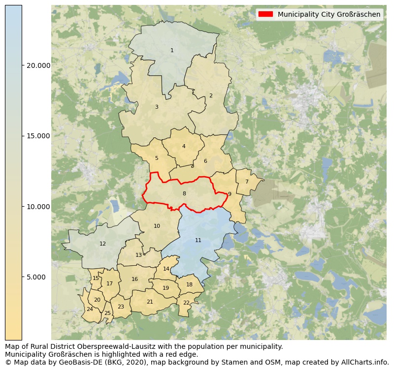 Map of Rural district Oberspreewald-Lausitz with the population per municipality.Municipality Großräschen is highlighted with a red edge.. This page shows a lot of information about residents (such as the distribution by age groups, family composition, gender, native or German with an immigration background, ...), homes (numbers, types, price development, use, type of property, ...) and more (car ownership, energy consumption, ...) based on open data from the German Federal Agency for Cartography, the Federal Statistical Office (DESTATIS), the Regional Statistical Offices and various other sources!