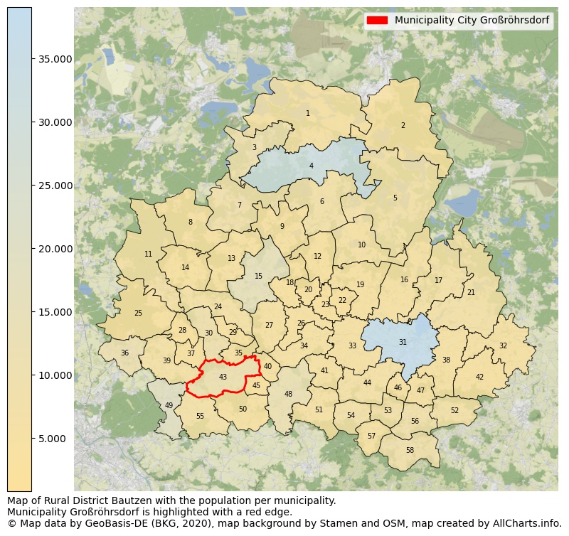 Map of Rural district Bautzen with the population per municipality.Municipality Großröhrsdorf is highlighted with a red edge.. This page shows a lot of information about residents (such as the distribution by age groups, family composition, gender, native or German with an immigration background, ...), homes (numbers, types, price development, use, type of property, ...) and more (car ownership, energy consumption, ...) based on open data from the German Federal Agency for Cartography, the Federal Statistical Office (DESTATIS), the Regional Statistical Offices and various other sources!