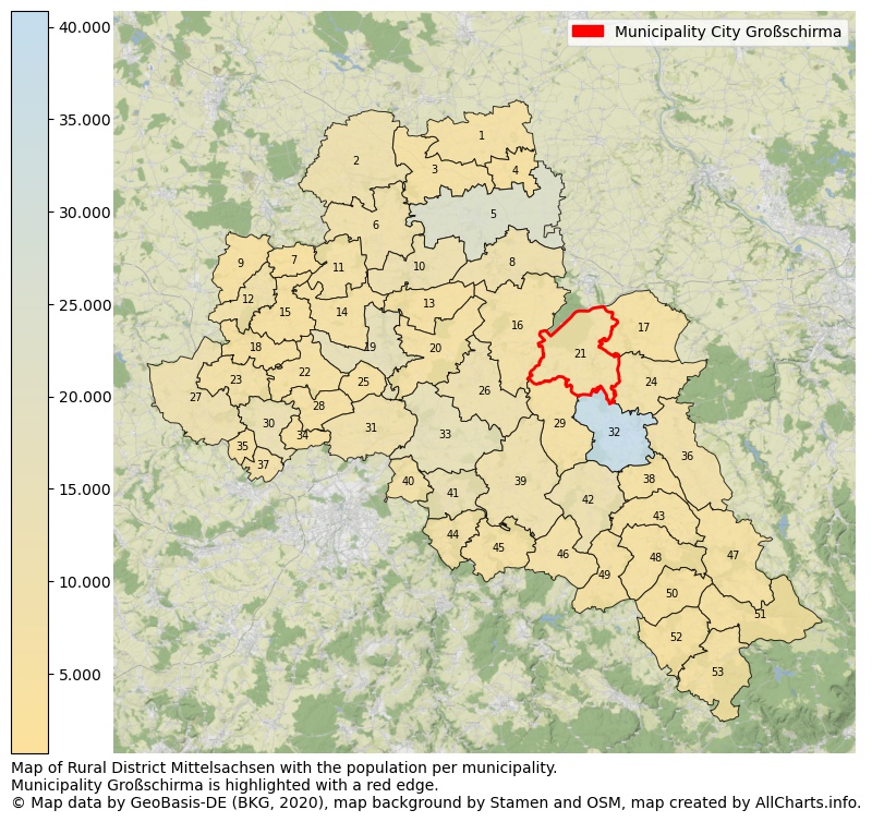 Map of Rural district Mittelsachsen with the population per municipality.Municipality Großschirma is highlighted with a red edge.. This page shows a lot of information about residents (such as the distribution by age groups, family composition, gender, native or German with an immigration background, ...), homes (numbers, types, price development, use, type of property, ...) and more (car ownership, energy consumption, ...) based on open data from the German Federal Agency for Cartography, the Federal Statistical Office (DESTATIS), the Regional Statistical Offices and various other sources!