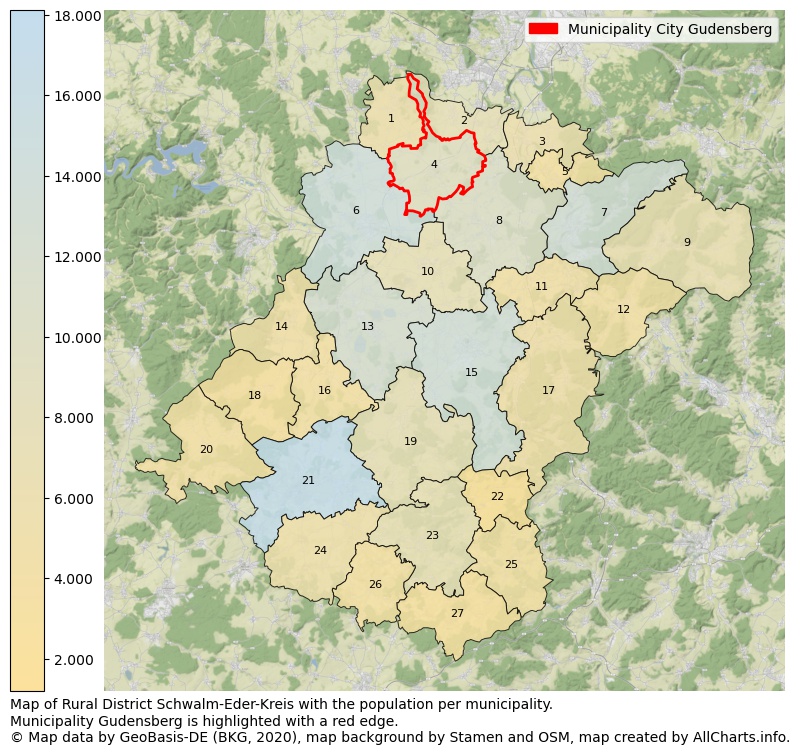 Map of Rural district Schwalm-Eder-Kreis with the population per municipality.Municipality Gudensberg is highlighted with a red edge.. This page shows a lot of information about residents (such as the distribution by age groups, family composition, gender, native or German with an immigration background, ...), homes (numbers, types, price development, use, type of property, ...) and more (car ownership, energy consumption, ...) based on open data from the German Federal Agency for Cartography, the Federal Statistical Office (DESTATIS), the Regional Statistical Offices and various other sources!