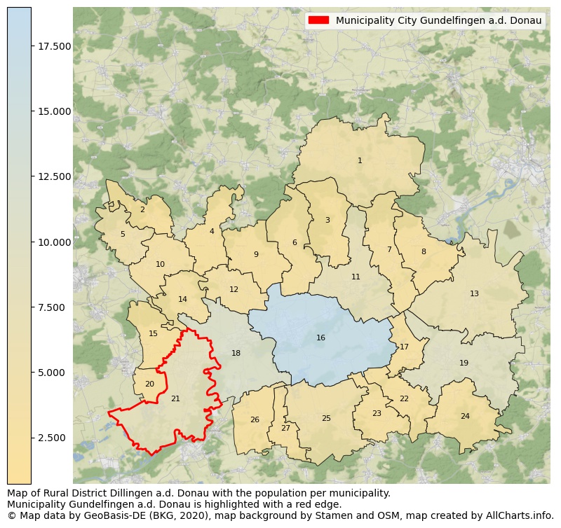 Map of Rural district Dillingen a.d. Donau with the population per municipality.Municipality Gundelfingen a.d. Donau is highlighted with a red edge.. This page shows a lot of information about residents (such as the distribution by age groups, family composition, gender, native or German with an immigration background, ...), homes (numbers, types, price development, use, type of property, ...) and more (car ownership, energy consumption, ...) based on open data from the German Federal Agency for Cartography, the Federal Statistical Office (DESTATIS), the Regional Statistical Offices and various other sources!