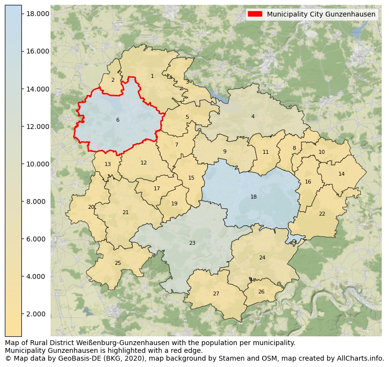 Map of Rural district Weißenburg-Gunzenhausen with the population per municipality.Municipality Gunzenhausen is highlighted with a red edge.. This page shows a lot of information about residents (such as the distribution by age groups, family composition, gender, native or German with an immigration background, ...), homes (numbers, types, price development, use, type of property, ...) and more (car ownership, energy consumption, ...) based on open data from the German Federal Agency for Cartography, the Federal Statistical Office (DESTATIS), the Regional Statistical Offices and various other sources!