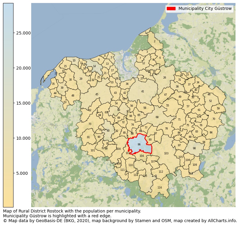 Map of Rural district Rostock with the population per municipality.Municipality Güstrow is highlighted with a red edge.. This page shows a lot of information about residents (such as the distribution by age groups, family composition, gender, native or German with an immigration background, ...), homes (numbers, types, price development, use, type of property, ...) and more (car ownership, energy consumption, ...) based on open data from the German Federal Agency for Cartography, the Federal Statistical Office (DESTATIS), the Regional Statistical Offices and various other sources!