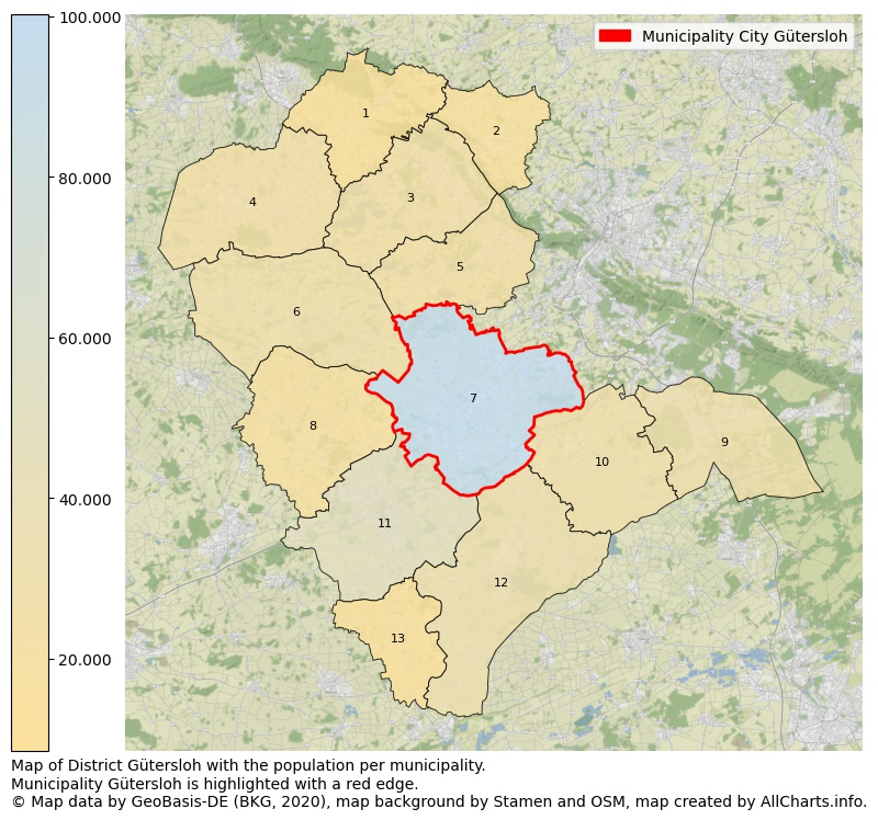 Map of District Gütersloh with the population per municipality.Municipality Gütersloh is highlighted with a red edge.. This page shows a lot of information about residents (such as the distribution by age groups, family composition, gender, native or German with an immigration background, ...), homes (numbers, types, price development, use, type of property, ...) and more (car ownership, energy consumption, ...) based on open data from the German Federal Agency for Cartography, the Federal Statistical Office (DESTATIS), the Regional Statistical Offices and various other sources!