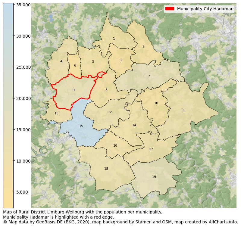 Map of Rural district Limburg-Weilburg with the population per municipality.Municipality Hadamar is highlighted with a red edge.. This page shows a lot of information about residents (such as the distribution by age groups, family composition, gender, native or German with an immigration background, ...), homes (numbers, types, price development, use, type of property, ...) and more (car ownership, energy consumption, ...) based on open data from the German Federal Agency for Cartography, the Federal Statistical Office (DESTATIS), the Regional Statistical Offices and various other sources!