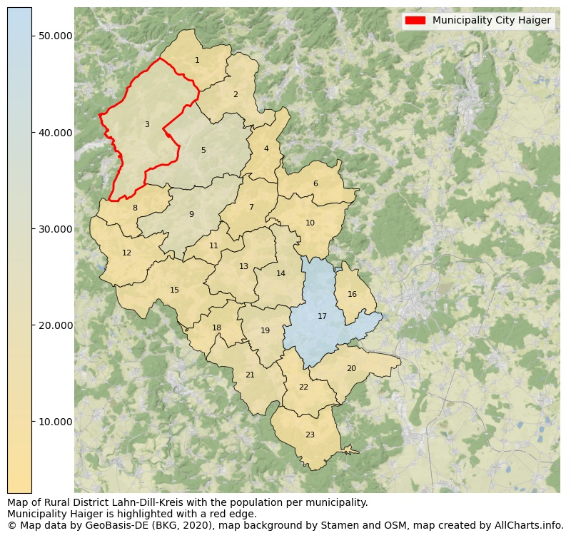Map of Rural district Lahn-Dill-Kreis with the population per municipality.Municipality Haiger is highlighted with a red edge.. This page shows a lot of information about residents (such as the distribution by age groups, family composition, gender, native or German with an immigration background, ...), homes (numbers, types, price development, use, type of property, ...) and more (car ownership, energy consumption, ...) based on open data from the German Federal Agency for Cartography, the Federal Statistical Office (DESTATIS), the Regional Statistical Offices and various other sources!