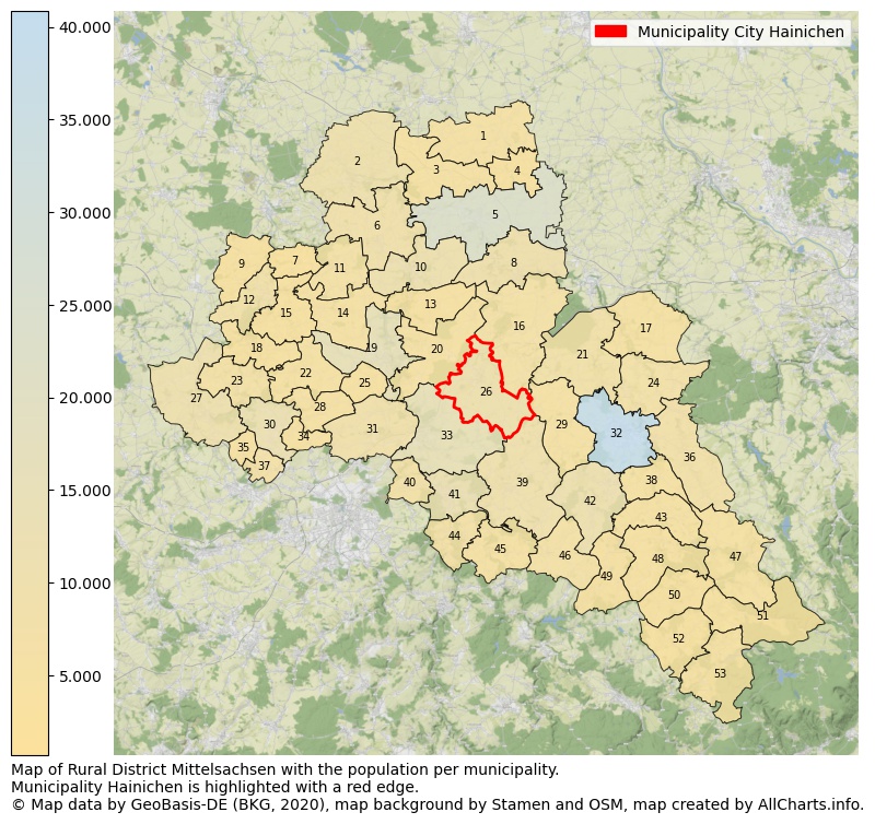 Map of Rural district Mittelsachsen with the population per municipality.Municipality Hainichen is highlighted with a red edge.. This page shows a lot of information about residents (such as the distribution by age groups, family composition, gender, native or German with an immigration background, ...), homes (numbers, types, price development, use, type of property, ...) and more (car ownership, energy consumption, ...) based on open data from the German Federal Agency for Cartography, the Federal Statistical Office (DESTATIS), the Regional Statistical Offices and various other sources!
