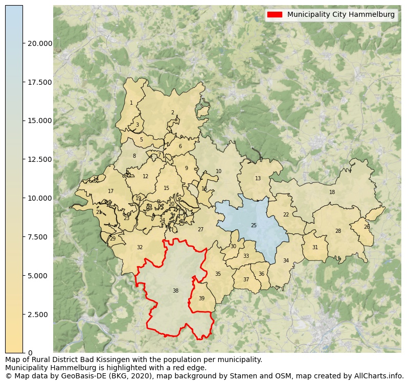Map of Rural district Bad Kissingen with the population per municipality.Municipality Hammelburg is highlighted with a red edge.. This page shows a lot of information about residents (such as the distribution by age groups, family composition, gender, native or German with an immigration background, ...), homes (numbers, types, price development, use, type of property, ...) and more (car ownership, energy consumption, ...) based on open data from the German Federal Agency for Cartography, the Federal Statistical Office (DESTATIS), the Regional Statistical Offices and various other sources!