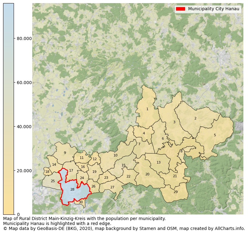 Map of Rural district Main-Kinzig-Kreis with the population per municipality.Municipality Hanau is highlighted with a red edge.. This page shows a lot of information about residents (such as the distribution by age groups, family composition, gender, native or German with an immigration background, ...), homes (numbers, types, price development, use, type of property, ...) and more (car ownership, energy consumption, ...) based on open data from the German Federal Agency for Cartography, the Federal Statistical Office (DESTATIS), the Regional Statistical Offices and various other sources!
