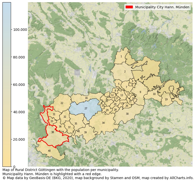 Map of Rural district Göttingen with the population per municipality.Municipality Hann. Münden is highlighted with a red edge.. This page shows a lot of information about residents (such as the distribution by age groups, family composition, gender, native or German with an immigration background, ...), homes (numbers, types, price development, use, type of property, ...) and more (car ownership, energy consumption, ...) based on open data from the German Federal Agency for Cartography, the Federal Statistical Office (DESTATIS), the Regional Statistical Offices and various other sources!