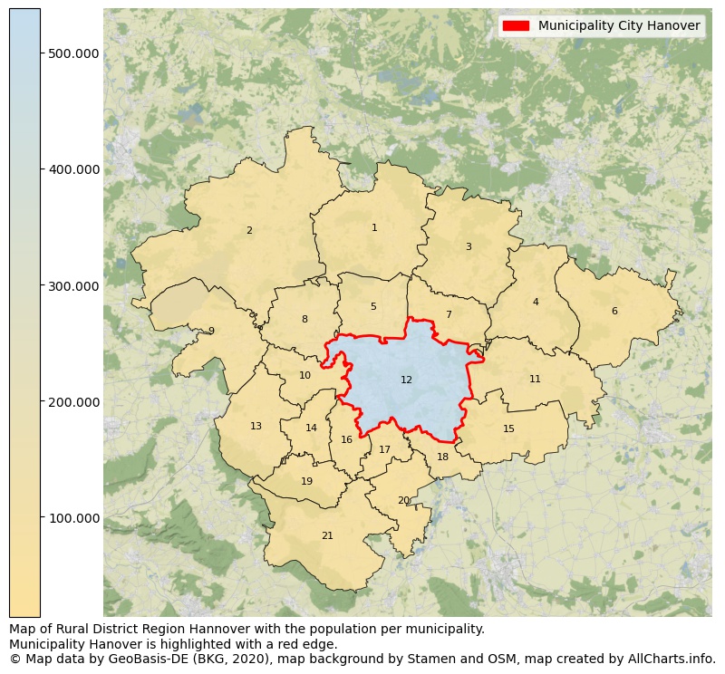 Map of Rural district Region Hannover with the population per municipality.Municipality Hanover is highlighted with a red edge.. This page shows a lot of information about residents (such as the distribution by age groups, family composition, gender, native or German with an immigration background, ...), homes (numbers, types, price development, use, type of property, ...) and more (car ownership, energy consumption, ...) based on open data from the German Federal Agency for Cartography, the Federal Statistical Office (DESTATIS), the Regional Statistical Offices and various other sources!