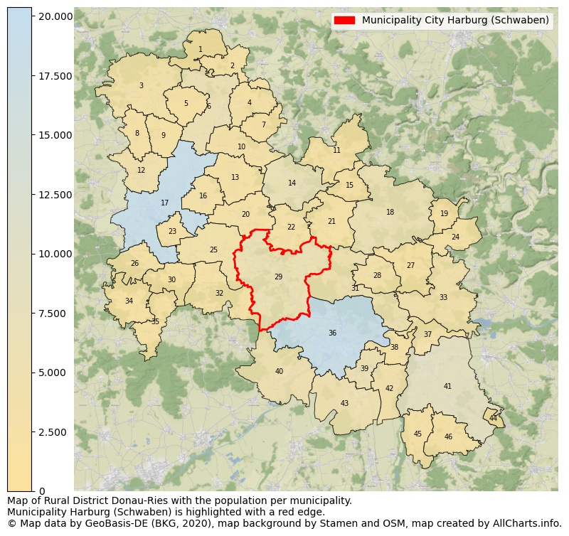 Map of Rural district Donau-Ries with the population per municipality.Municipality Harburg (Schwaben) is highlighted with a red edge.. This page shows a lot of information about residents (such as the distribution by age groups, family composition, gender, native or German with an immigration background, ...), homes (numbers, types, price development, use, type of property, ...) and more (car ownership, energy consumption, ...) based on open data from the German Federal Agency for Cartography, the Federal Statistical Office (DESTATIS), the Regional Statistical Offices and various other sources!
