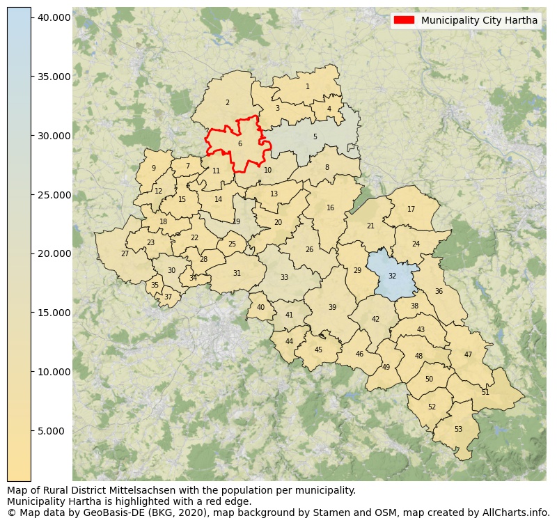 Map of Rural district Mittelsachsen with the population per municipality.Municipality Hartha is highlighted with a red edge.. This page shows a lot of information about residents (such as the distribution by age groups, family composition, gender, native or German with an immigration background, ...), homes (numbers, types, price development, use, type of property, ...) and more (car ownership, energy consumption, ...) based on open data from the German Federal Agency for Cartography, the Federal Statistical Office (DESTATIS), the Regional Statistical Offices and various other sources!
