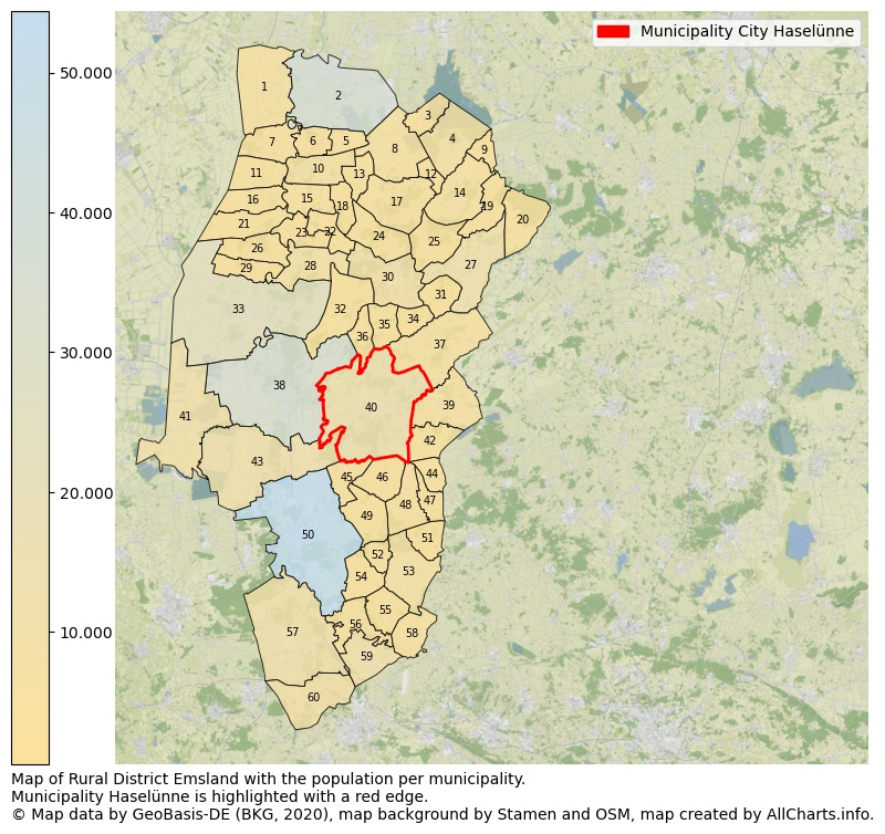 Map of Rural district Emsland with the population per municipality.Municipality Haselünne is highlighted with a red edge.. This page shows a lot of information about residents (such as the distribution by age groups, family composition, gender, native or German with an immigration background, ...), homes (numbers, types, price development, use, type of property, ...) and more (car ownership, energy consumption, ...) based on open data from the German Federal Agency for Cartography, the Federal Statistical Office (DESTATIS), the Regional Statistical Offices and various other sources!