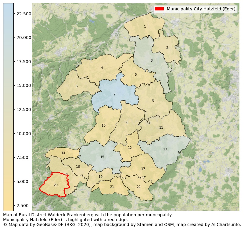 Map of Rural district Waldeck-Frankenberg with the population per municipality.Municipality Hatzfeld (Eder) is highlighted with a red edge.. This page shows a lot of information about residents (such as the distribution by age groups, family composition, gender, native or German with an immigration background, ...), homes (numbers, types, price development, use, type of property, ...) and more (car ownership, energy consumption, ...) based on open data from the German Federal Agency for Cartography, the Federal Statistical Office (DESTATIS), the Regional Statistical Offices and various other sources!