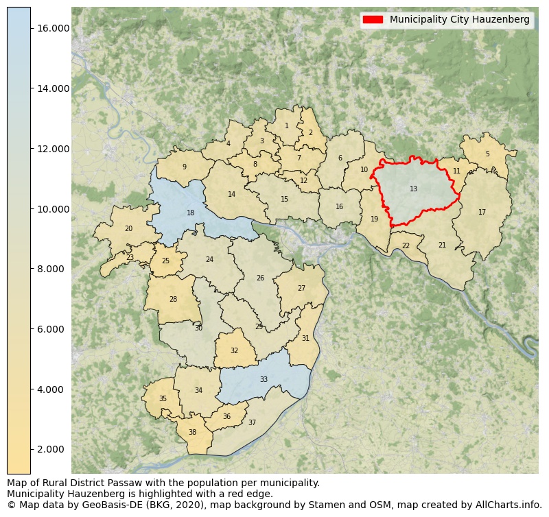 Map of Rural district Passaw with the population per municipality.Municipality Hauzenberg is highlighted with a red edge.. This page shows a lot of information about residents (such as the distribution by age groups, family composition, gender, native or German with an immigration background, ...), homes (numbers, types, price development, use, type of property, ...) and more (car ownership, energy consumption, ...) based on open data from the German Federal Agency for Cartography, the Federal Statistical Office (DESTATIS), the Regional Statistical Offices and various other sources!