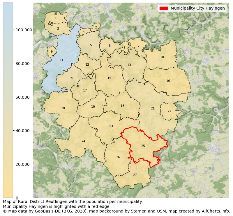 Map of Rural district Reutlingen with the population per municipality.Municipality Hayingen is highlighted with a red edge.. This page shows a lot of information about residents (such as the distribution by age groups, family composition, gender, native or German with an immigration background, ...), homes (numbers, types, price development, use, type of property, ...) and more (car ownership, energy consumption, ...) based on open data from the German Federal Agency for Cartography, the Federal Statistical Office (DESTATIS), the Regional Statistical Offices and various other sources!