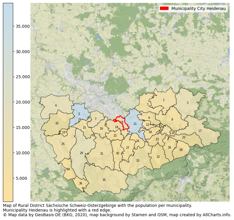 Map of Rural district Sächsische Schweiz-Osterzgebirge with the population per municipality.Municipality Heidenau is highlighted with a red edge.. This page shows a lot of information about residents (such as the distribution by age groups, family composition, gender, native or German with an immigration background, ...), homes (numbers, types, price development, use, type of property, ...) and more (car ownership, energy consumption, ...) based on open data from the German Federal Agency for Cartography, the Federal Statistical Office (DESTATIS), the Regional Statistical Offices and various other sources!