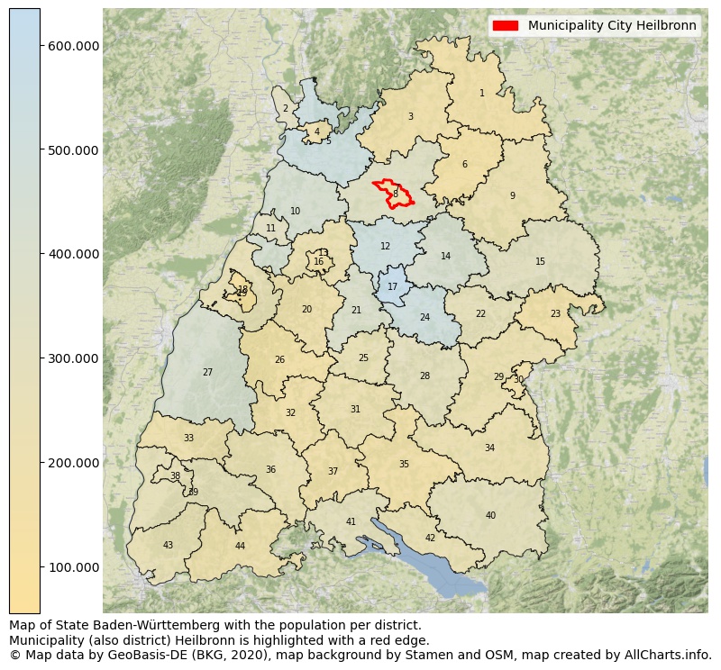 Map of State Baden-Württemberg with the population per district.Municipality (also district) Heilbronn is highlighted with a red edge.. This page shows a lot of information about residents (such as the distribution by age groups, family composition, gender, native or German with an immigration background, ...), homes (numbers, types, price development, use, type of property, ...) and more (car ownership, energy consumption, ...) based on open data from the German Federal Agency for Cartography, the Federal Statistical Office (DESTATIS), the Regional Statistical Offices and various other sources!