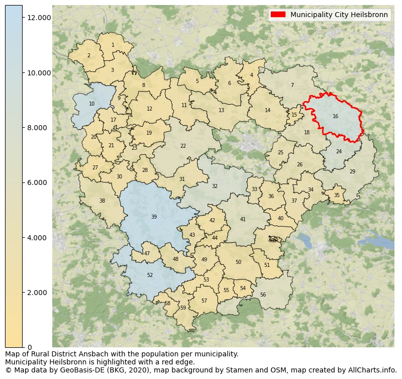 Map of Rural district Ansbach with the population per municipality.Municipality Heilsbronn is highlighted with a red edge.. This page shows a lot of information about residents (such as the distribution by age groups, family composition, gender, native or German with an immigration background, ...), homes (numbers, types, price development, use, type of property, ...) and more (car ownership, energy consumption, ...) based on open data from the German Federal Agency for Cartography, the Federal Statistical Office (DESTATIS), the Regional Statistical Offices and various other sources!
