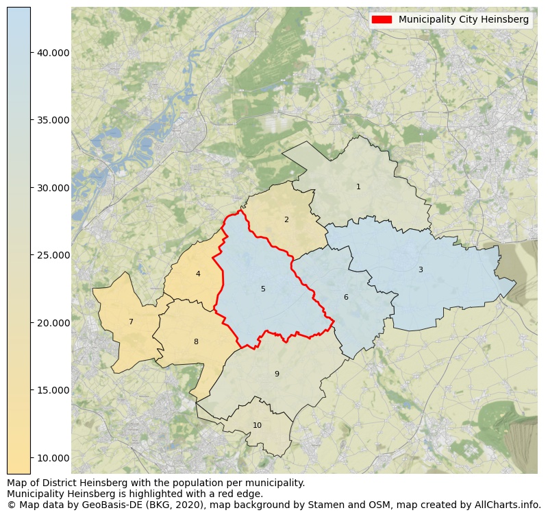 Map of District Heinsberg with the population per municipality.Municipality Heinsberg is highlighted with a red edge.. This page shows a lot of information about residents (such as the distribution by age groups, family composition, gender, native or German with an immigration background, ...), homes (numbers, types, price development, use, type of property, ...) and more (car ownership, energy consumption, ...) based on open data from the German Federal Agency for Cartography, the Federal Statistical Office (DESTATIS), the Regional Statistical Offices and various other sources!