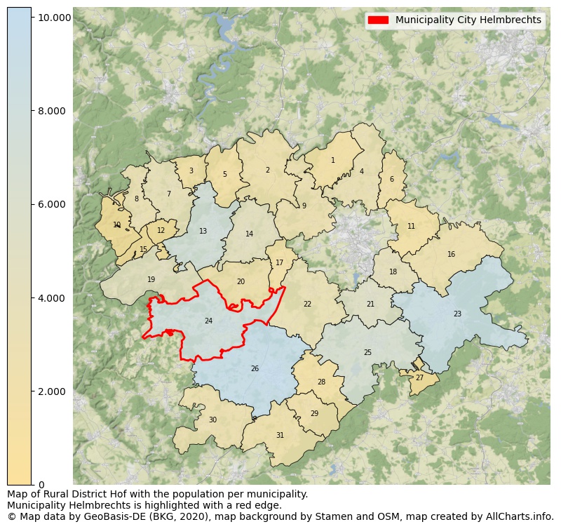 Map of Rural district Hof with the population per municipality.Municipality Helmbrechts is highlighted with a red edge.. This page shows a lot of information about residents (such as the distribution by age groups, family composition, gender, native or German with an immigration background, ...), homes (numbers, types, price development, use, type of property, ...) and more (car ownership, energy consumption, ...) based on open data from the German Federal Agency for Cartography, the Federal Statistical Office (DESTATIS), the Regional Statistical Offices and various other sources!