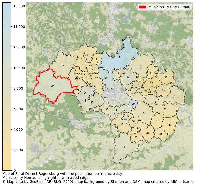 Map of Rural district Regensburg with the population per municipality.Municipality Hemau is highlighted with a red edge.. This page shows a lot of information about residents (such as the distribution by age groups, family composition, gender, native or German with an immigration background, ...), homes (numbers, types, price development, use, type of property, ...) and more (car ownership, energy consumption, ...) based on open data from the German Federal Agency for Cartography, the Federal Statistical Office (DESTATIS), the Regional Statistical Offices and various other sources!