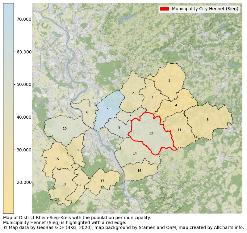 Map of District Rhein-Sieg-Kreis with the population per municipality.Municipality Hennef (Sieg) is highlighted with a red edge.. This page shows a lot of information about residents (such as the distribution by age groups, family composition, gender, native or German with an immigration background, ...), homes (numbers, types, price development, use, type of property, ...) and more (car ownership, energy consumption, ...) based on open data from the German Federal Agency for Cartography, the Federal Statistical Office (DESTATIS), the Regional Statistical Offices and various other sources!