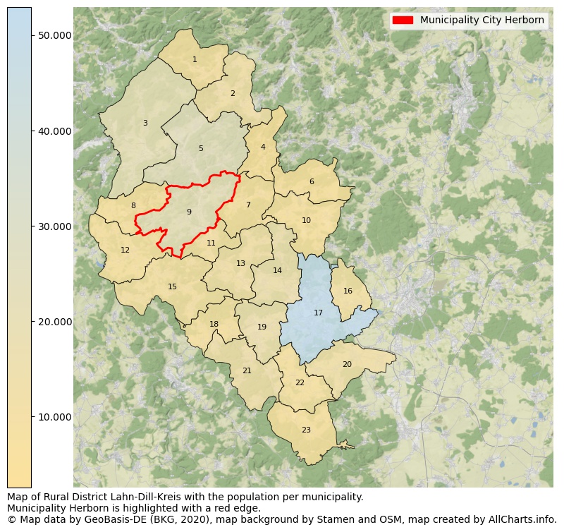 Map of Rural district Lahn-Dill-Kreis with the population per municipality.Municipality Herborn is highlighted with a red edge.. This page shows a lot of information about residents (such as the distribution by age groups, family composition, gender, native or German with an immigration background, ...), homes (numbers, types, price development, use, type of property, ...) and more (car ownership, energy consumption, ...) based on open data from the German Federal Agency for Cartography, the Federal Statistical Office (DESTATIS), the Regional Statistical Offices and various other sources!