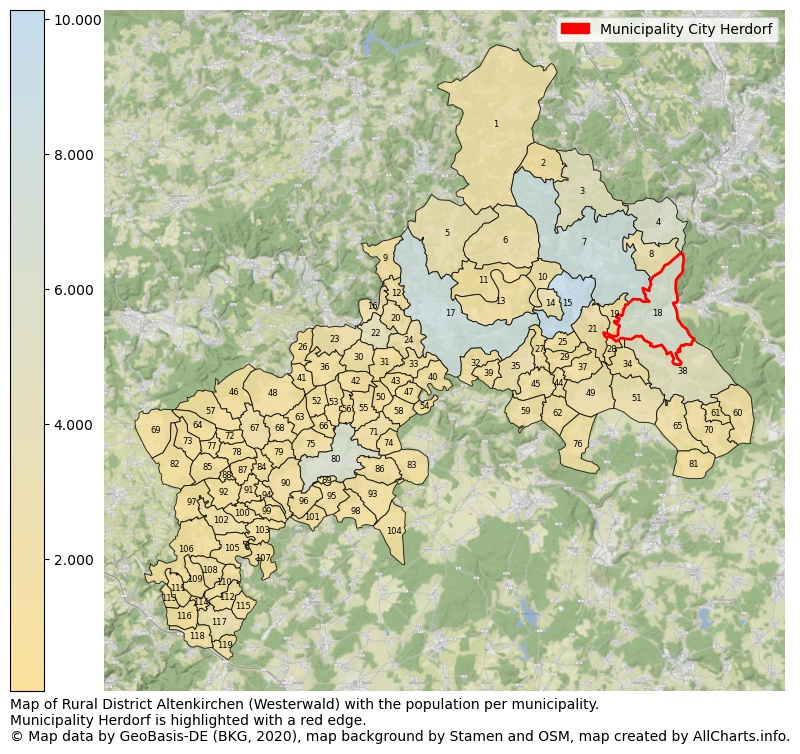 Map of Rural district Altenkirchen (Westerwald) with the population per municipality.Municipality Herdorf is highlighted with a red edge.. This page shows a lot of information about residents (such as the distribution by age groups, family composition, gender, native or German with an immigration background, ...), homes (numbers, types, price development, use, type of property, ...) and more (car ownership, energy consumption, ...) based on open data from the German Federal Agency for Cartography, the Federal Statistical Office (DESTATIS), the Regional Statistical Offices and various other sources!