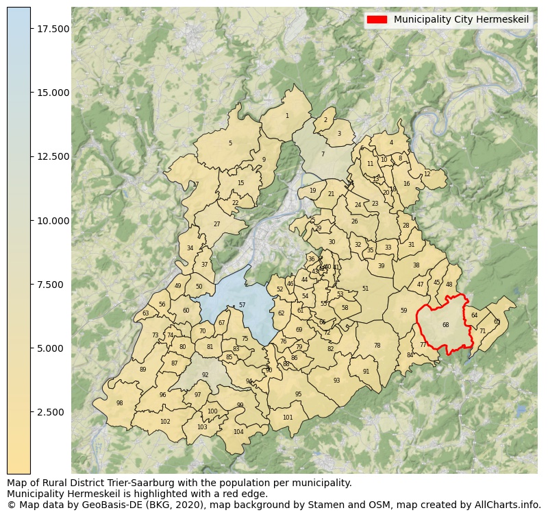 Map of Rural district Trier-Saarburg with the population per municipality.Municipality Hermeskeil is highlighted with a red edge.. This page shows a lot of information about residents (such as the distribution by age groups, family composition, gender, native or German with an immigration background, ...), homes (numbers, types, price development, use, type of property, ...) and more (car ownership, energy consumption, ...) based on open data from the German Federal Agency for Cartography, the Federal Statistical Office (DESTATIS), the Regional Statistical Offices and various other sources!
