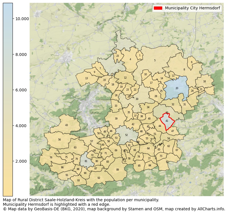 Map of Rural district Saale-Holzland-Kreis with the population per municipality.Municipality Hermsdorf is highlighted with a red edge.. This page shows a lot of information about residents (such as the distribution by age groups, family composition, gender, native or German with an immigration background, ...), homes (numbers, types, price development, use, type of property, ...) and more (car ownership, energy consumption, ...) based on open data from the German Federal Agency for Cartography, the Federal Statistical Office (DESTATIS), the Regional Statistical Offices and various other sources!