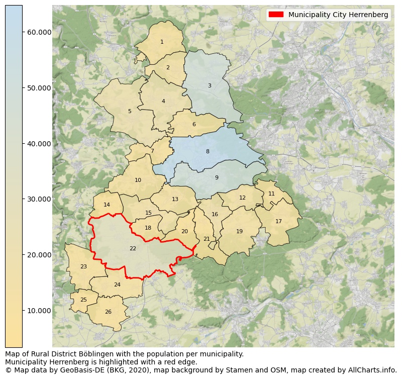Map of Rural district Böblingen with the population per municipality.Municipality Herrenberg is highlighted with a red edge.. This page shows a lot of information about residents (such as the distribution by age groups, family composition, gender, native or German with an immigration background, ...), homes (numbers, types, price development, use, type of property, ...) and more (car ownership, energy consumption, ...) based on open data from the German Federal Agency for Cartography, the Federal Statistical Office (DESTATIS), the Regional Statistical Offices and various other sources!