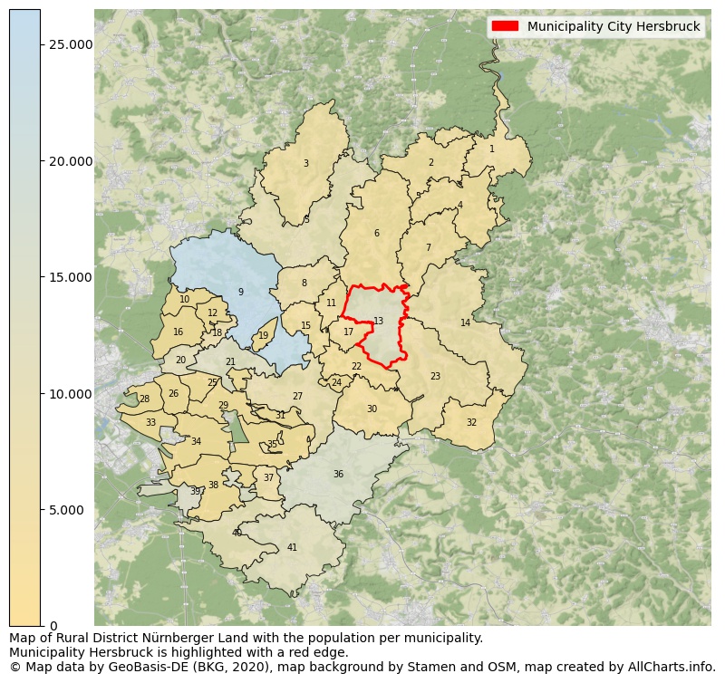 Map of Rural district Nürnberger Land with the population per municipality.Municipality Hersbruck is highlighted with a red edge.. This page shows a lot of information about residents (such as the distribution by age groups, family composition, gender, native or German with an immigration background, ...), homes (numbers, types, price development, use, type of property, ...) and more (car ownership, energy consumption, ...) based on open data from the German Federal Agency for Cartography, the Federal Statistical Office (DESTATIS), the Regional Statistical Offices and various other sources!