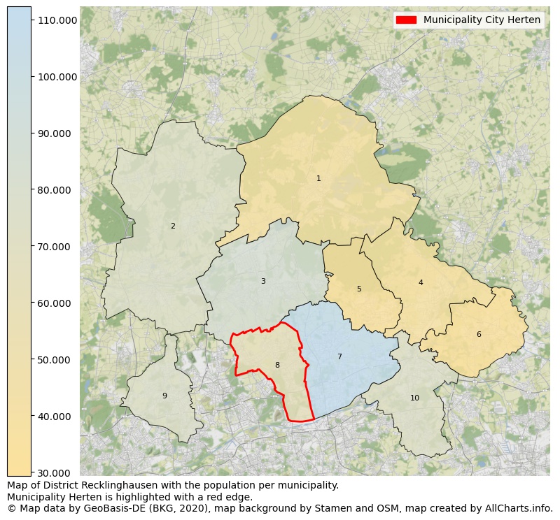 Map of District Recklinghausen with the population per municipality.Municipality Herten is highlighted with a red edge.. This page shows a lot of information about residents (such as the distribution by age groups, family composition, gender, native or German with an immigration background, ...), homes (numbers, types, price development, use, type of property, ...) and more (car ownership, energy consumption, ...) based on open data from the German Federal Agency for Cartography, the Federal Statistical Office (DESTATIS), the Regional Statistical Offices and various other sources!