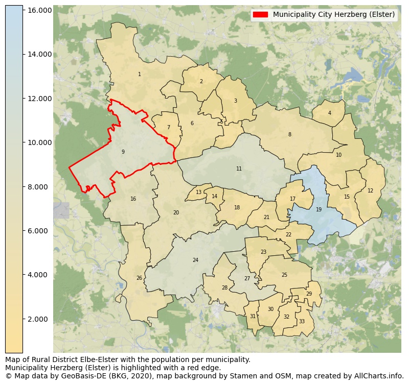Map of Rural district Elbe-Elster with the population per municipality.Municipality Herzberg (Elster) is highlighted with a red edge.. This page shows a lot of information about residents (such as the distribution by age groups, family composition, gender, native or German with an immigration background, ...), homes (numbers, types, price development, use, type of property, ...) and more (car ownership, energy consumption, ...) based on open data from the German Federal Agency for Cartography, the Federal Statistical Office (DESTATIS), the Regional Statistical Offices and various other sources!