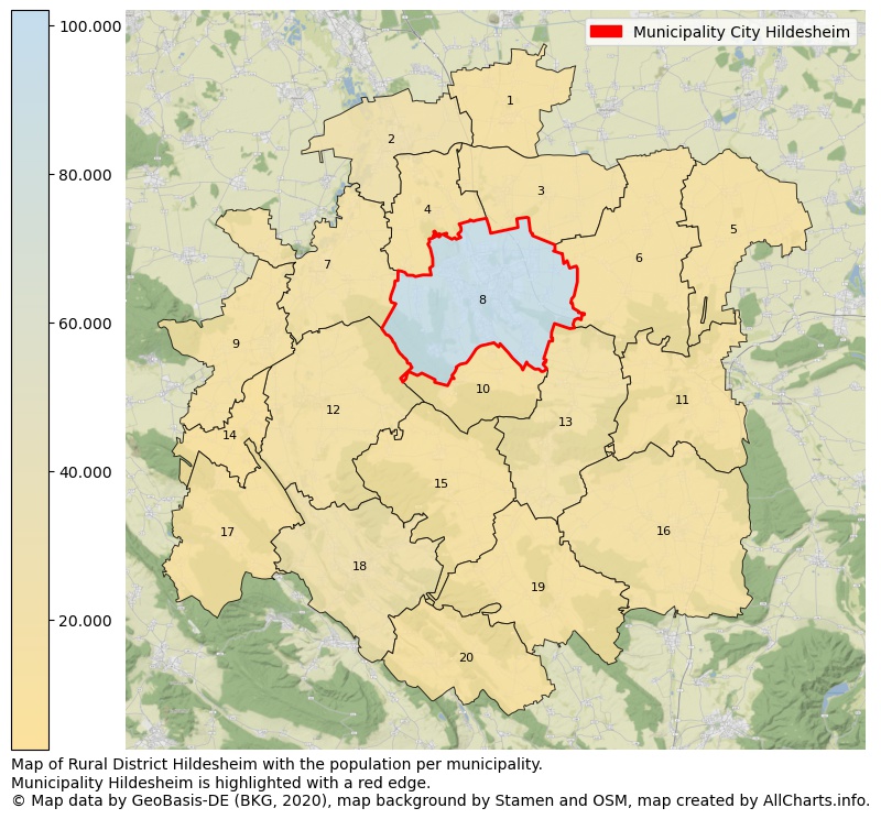 Map of Rural district Hildesheim with the population per municipality.Municipality Hildesheim is highlighted with a red edge.. This page shows a lot of information about residents (such as the distribution by age groups, family composition, gender, native or German with an immigration background, ...), homes (numbers, types, price development, use, type of property, ...) and more (car ownership, energy consumption, ...) based on open data from the German Federal Agency for Cartography, the Federal Statistical Office (DESTATIS), the Regional Statistical Offices and various other sources!