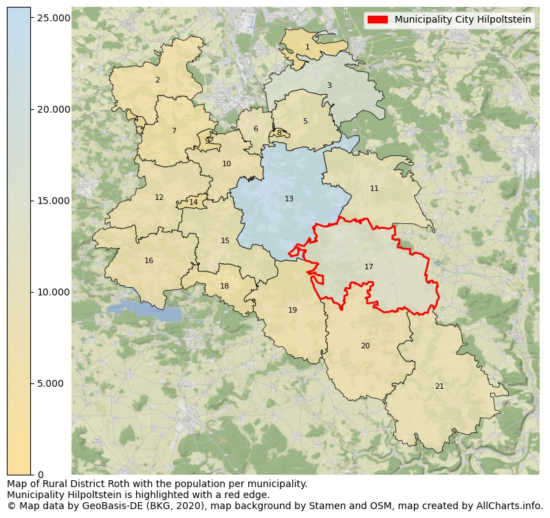 Map of Rural district Roth with the population per municipality.Municipality Hilpoltstein is highlighted with a red edge.. This page shows a lot of information about residents (such as the distribution by age groups, family composition, gender, native or German with an immigration background, ...), homes (numbers, types, price development, use, type of property, ...) and more (car ownership, energy consumption, ...) based on open data from the German Federal Agency for Cartography, the Federal Statistical Office (DESTATIS), the Regional Statistical Offices and various other sources!