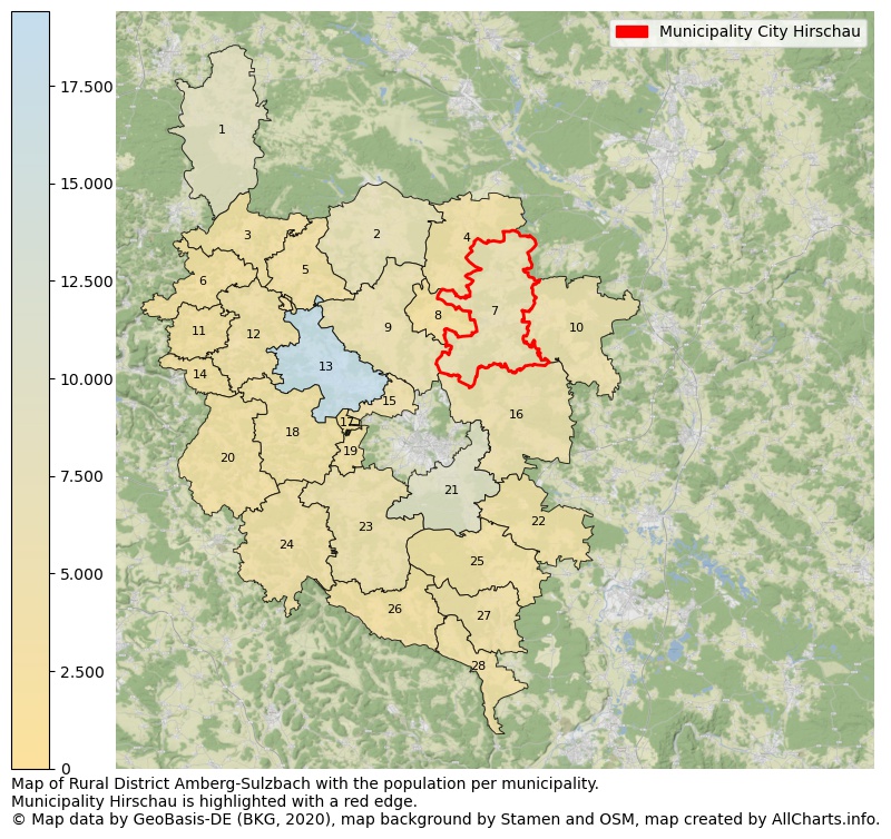 Map of Rural district Amberg-Sulzbach with the population per municipality.Municipality Hirschau is highlighted with a red edge.. This page shows a lot of information about residents (such as the distribution by age groups, family composition, gender, native or German with an immigration background, ...), homes (numbers, types, price development, use, type of property, ...) and more (car ownership, energy consumption, ...) based on open data from the German Federal Agency for Cartography, the Federal Statistical Office (DESTATIS), the Regional Statistical Offices and various other sources!