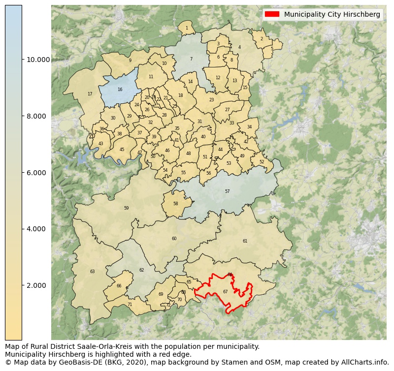 Map of Rural district Saale-Orla-Kreis with the population per municipality.Municipality Hirschberg is highlighted with a red edge.. This page shows a lot of information about residents (such as the distribution by age groups, family composition, gender, native or German with an immigration background, ...), homes (numbers, types, price development, use, type of property, ...) and more (car ownership, energy consumption, ...) based on open data from the German Federal Agency for Cartography, the Federal Statistical Office (DESTATIS), the Regional Statistical Offices and various other sources!